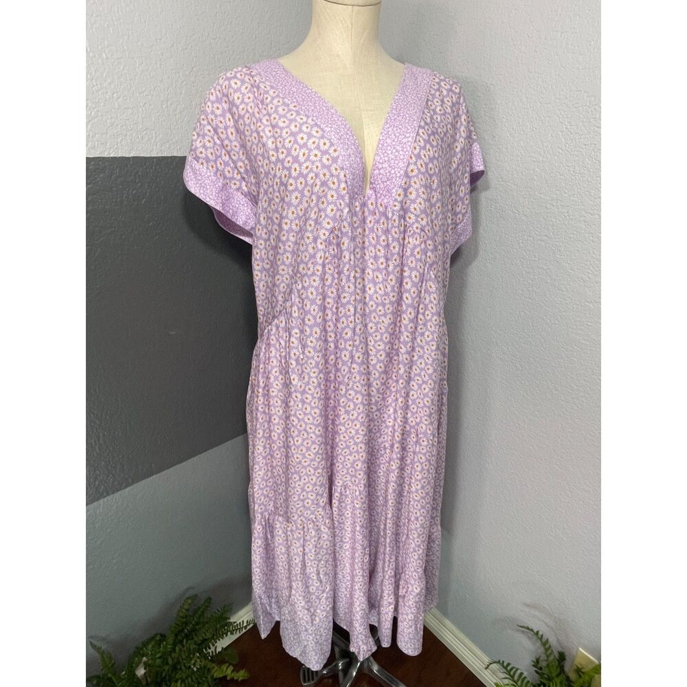 Cousin Earl Floral Daisy V-Neck Tiered Midi Dress XL Purple Cottagecore Peasant